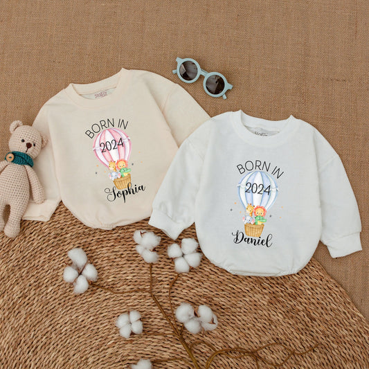 Personalized Born in 2024 Safari Baby Romper Hot Air Balloon Bodysuit Newborn Girl Boy Gift Soft Cotton Striped Animal Keepsake Sleepsuit