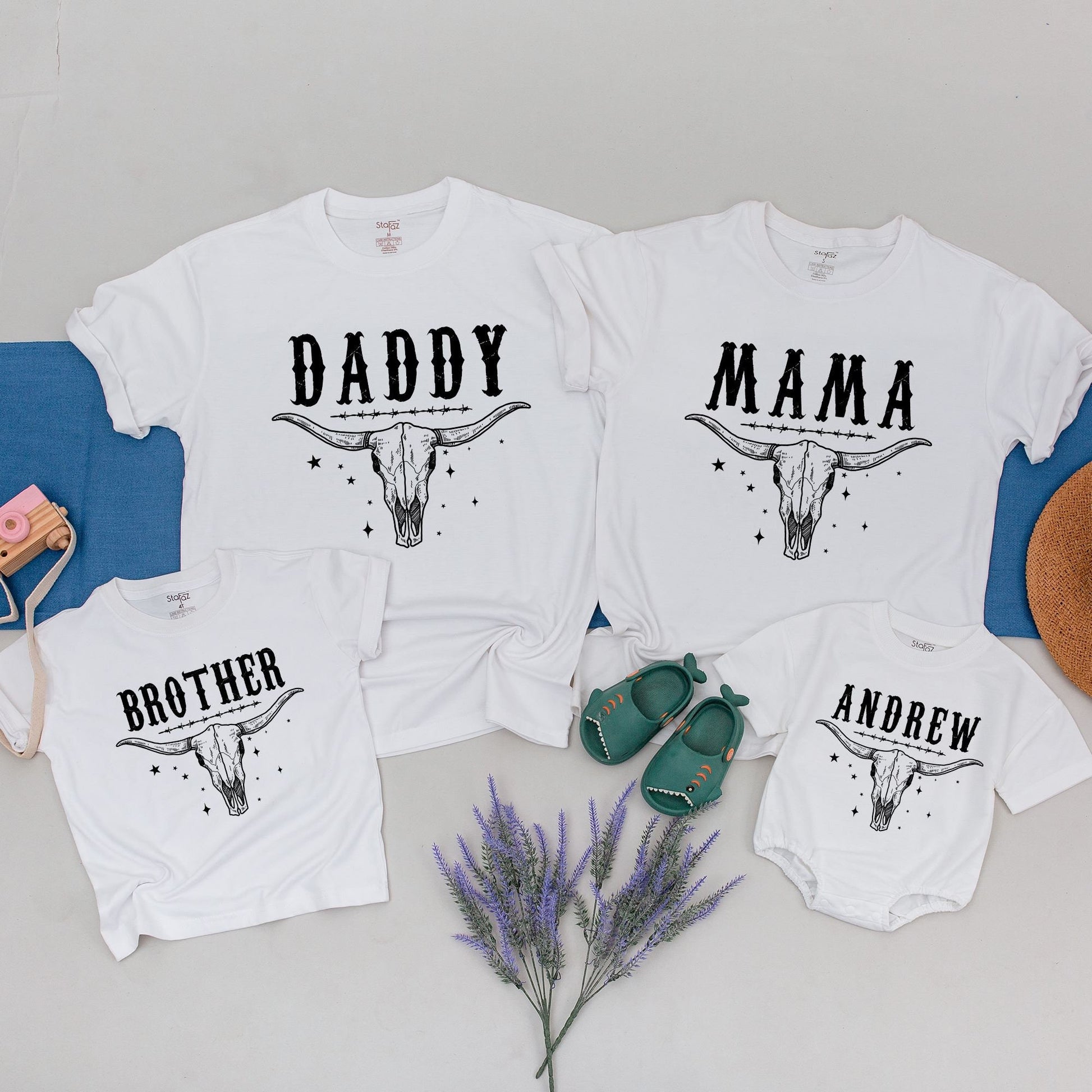 First Rodeo Family Birthday Shirts Custom Name Western Steer Skull Vintage Style 1st Birthday Party Mama Daddy Brother Outfit