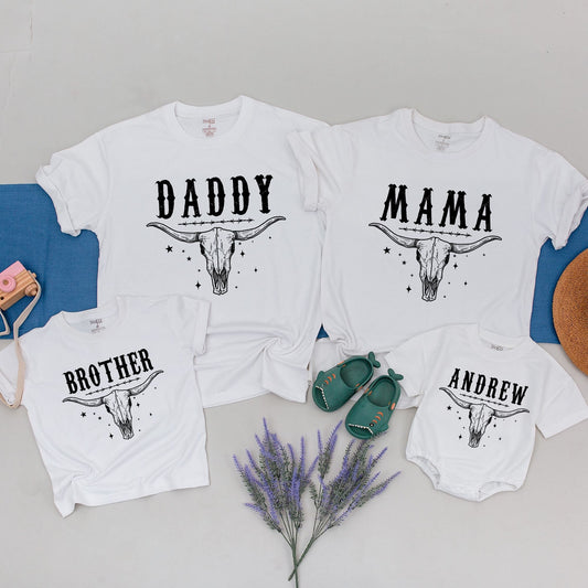 First Rodeo Family Birthday Shirts Custom Name Western Steer Skull Vintage Style 1st Birthday Party Mama Daddy Brother Outfit
