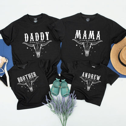 First Rodeo Family Birthday Shirts Custom Name Western Steer Skull Vintage Style 1st Birthday Party Mama Daddy Brother Outfit