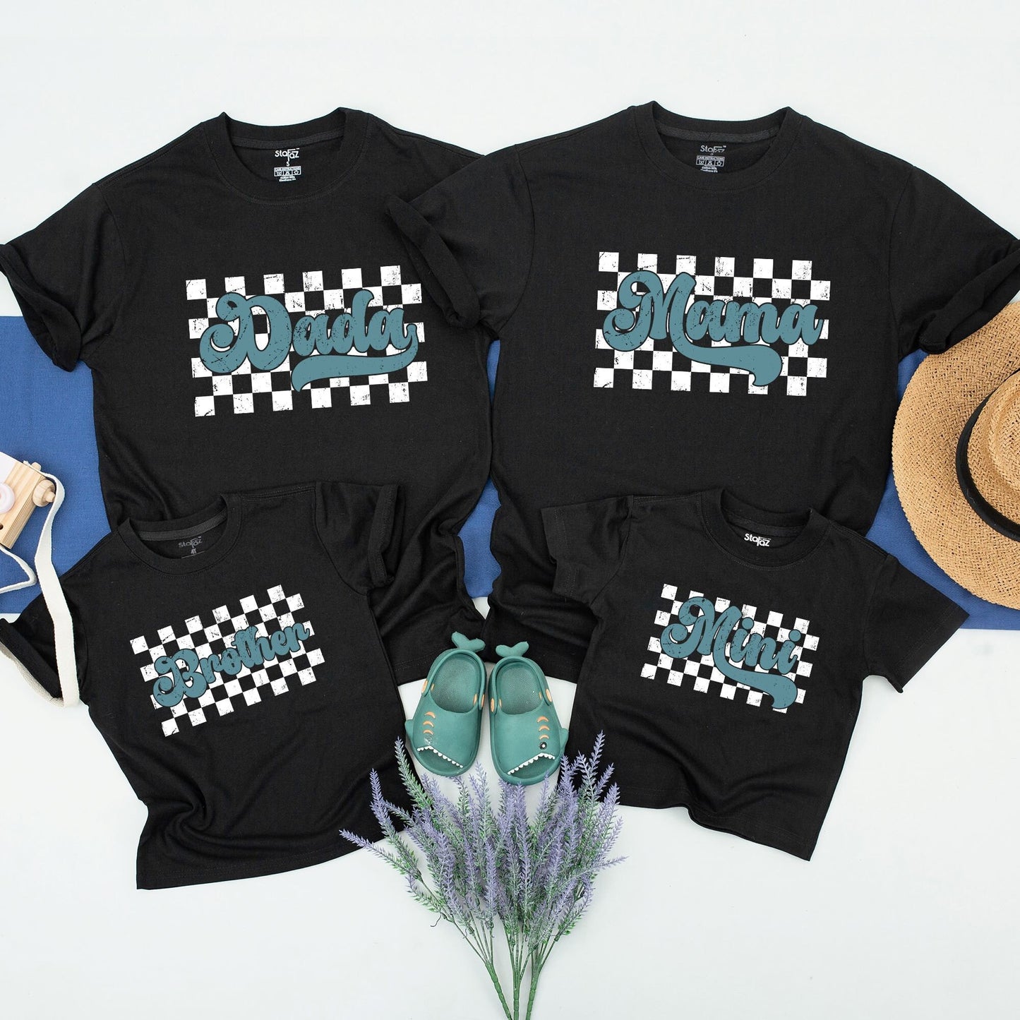 Retro Checkered Family Matching T-shirt with Distressed Light Blue Mama Dad Mini Text Vintage Racing Style Americana Group Tee for Loved Ones