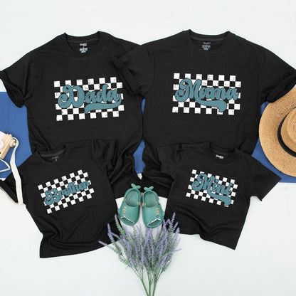 Retro Checkered Family Matching T-shirt with Distressed Light Blue Mama Dad Mini Text Vintage Racing Style Americana Group Tee for Loved Ones