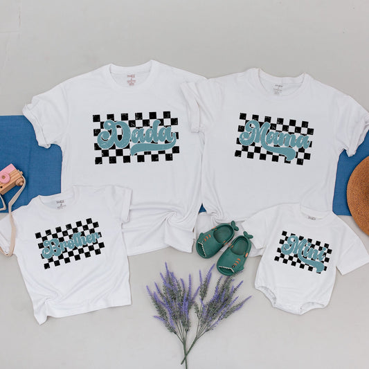 Retro Checkered Family Matching T-shirt with Distressed Light Blue Mama Dad Mini Text Vintage Racing Style Americana Group Tee for Loved Ones