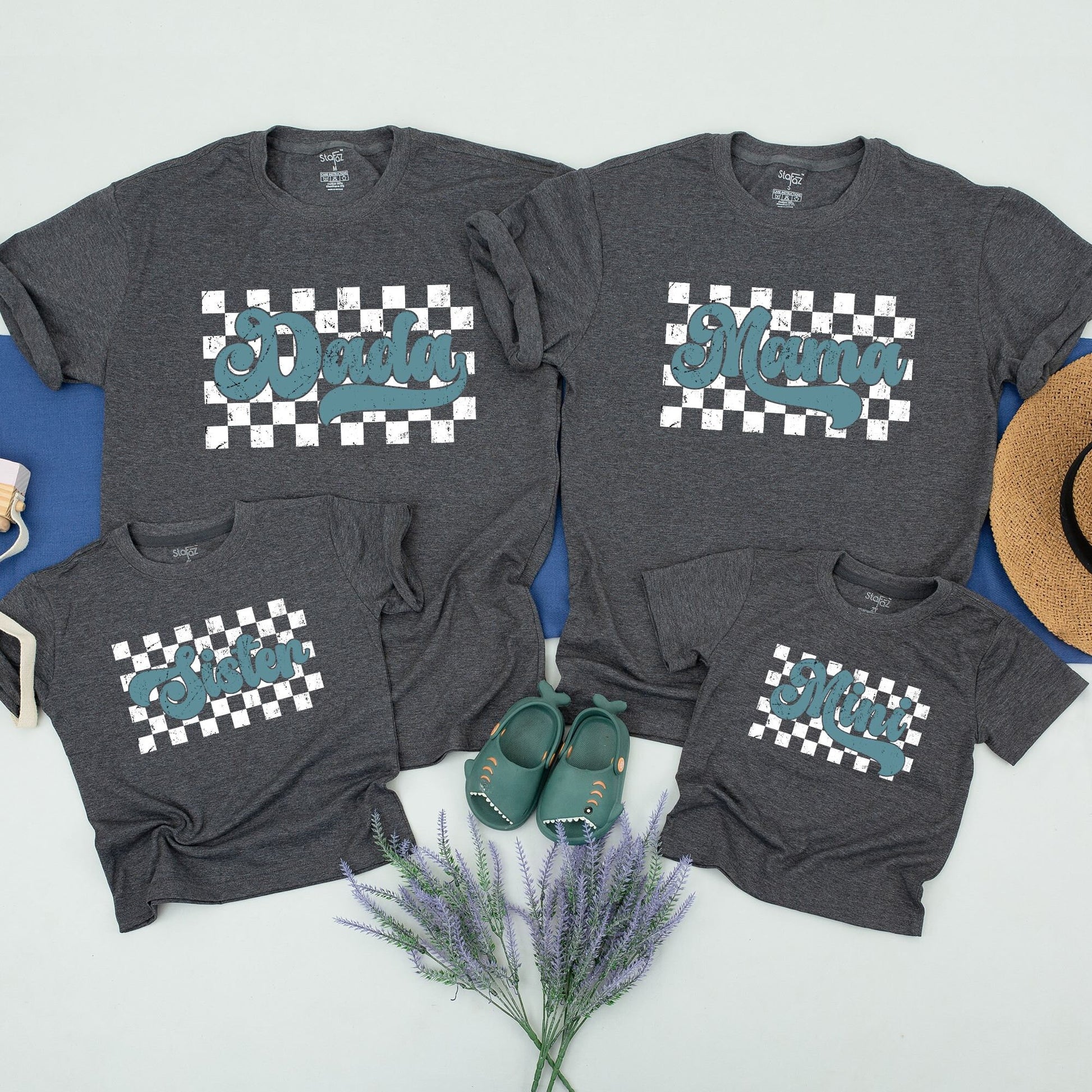 Retro Checkered Family Matching T-shirt with Distressed Light Blue Mama Dad Mini Text Vintage Racing Style Americana Group Tee for Loved Ones