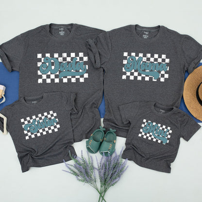 Retro Checkered Family Matching T-shirt with Distressed Light Blue Mama Dad Mini Text Vintage Racing Style Americana Group Tee for Loved Ones