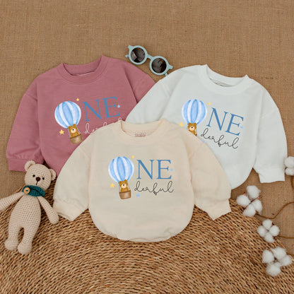 Cute Onederful Hot Air Balloon First Birthday Romper Outfit for Baby Boy Blue White Striped Bubble Bodysuit with Teddy Bear Stars Design