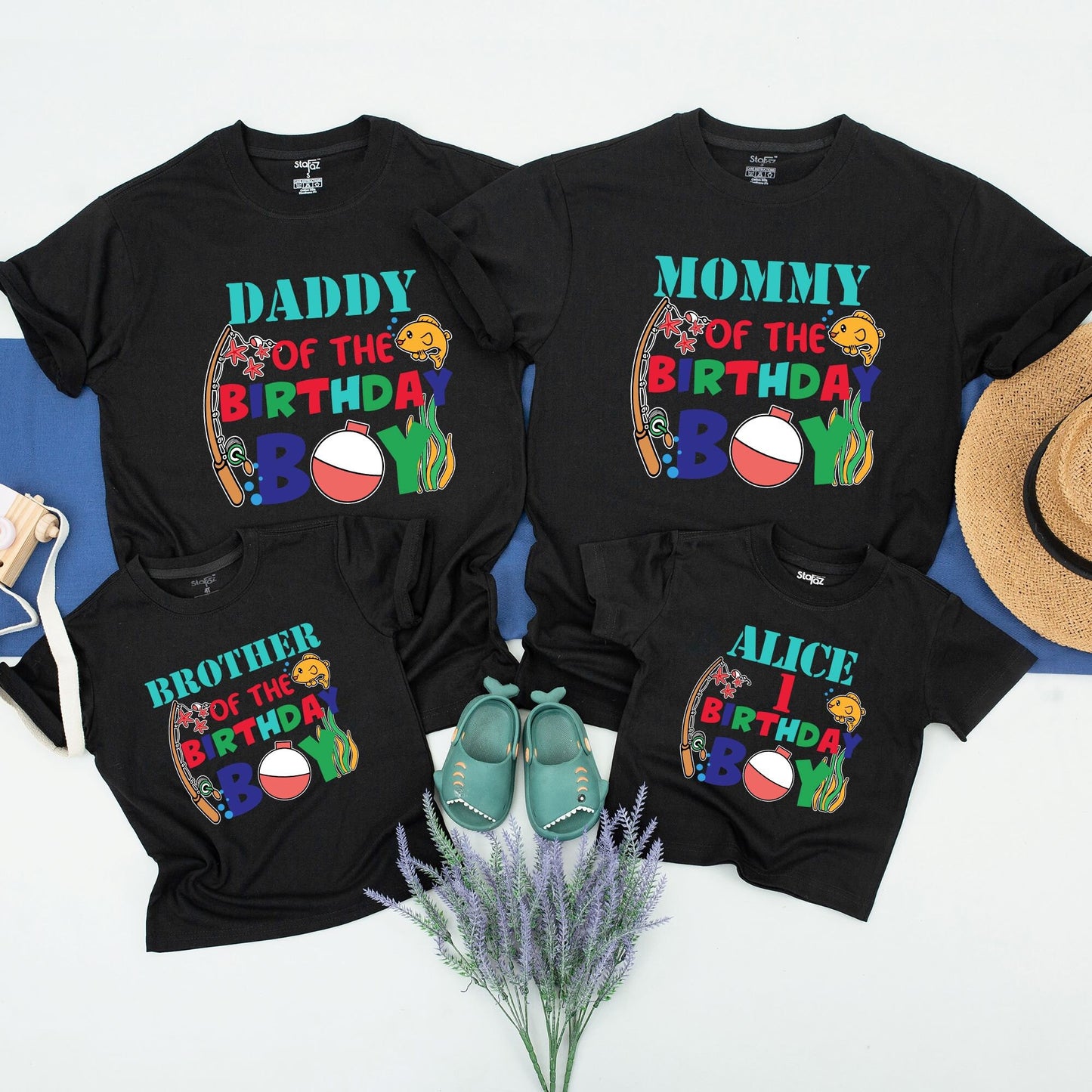 Personalized Matching Family Fishing Birthday Shirts for the Birthday Boy with Colorful Cartoon Fish, Rod, Bobber & Seaweed Design