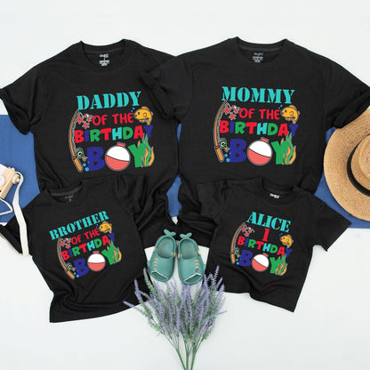 Personalized Matching Family Fishing Birthday Shirts for the Birthday Boy with Colorful Cartoon Fish, Rod, Bobber & Seaweed Design