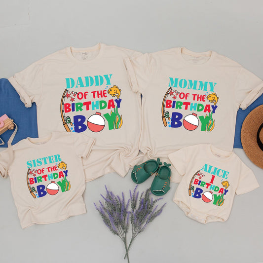 Personalized Matching Family Fishing Birthday Shirts for the Birthday Boy with Colorful Cartoon Fish, Rod, Bobber & Seaweed Design