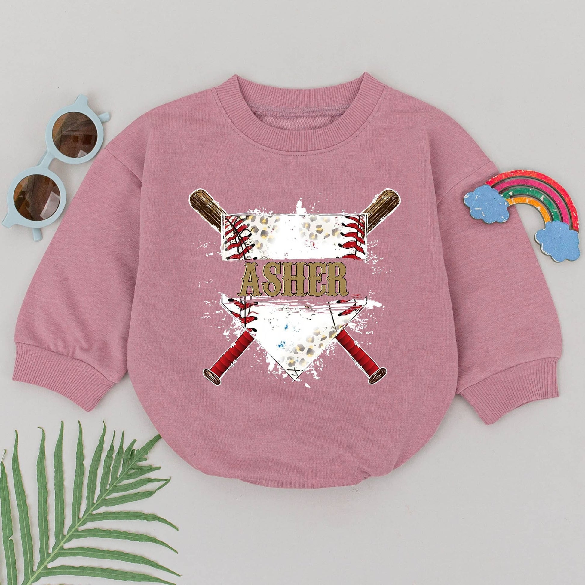 Personalized Gold Asher Baseball Bubble Romper Game Day Outfit with Crossed Bats Diamond & Black Splatter, a Retro Sporty Baby Boy Girl Design