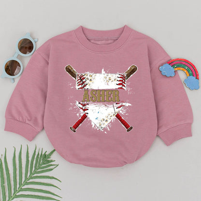 Personalized Gold Asher Baseball Bubble Romper Game Day Outfit with Crossed Bats Diamond & Black Splatter, a Retro Sporty Baby Boy Girl Design