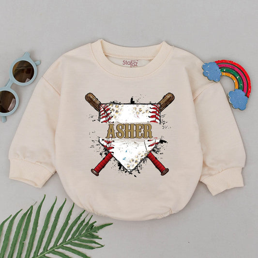 Personalized Gold Asher Baseball Bubble Romper Game Day Outfit with Crossed Bats Diamond & Black Splatter, a Retro Sporty Baby Boy Girl Design
