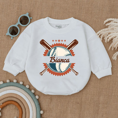 Personalized Vintage Baseball Romper for Baby Game Day Outfit with Sunburst Star Design and Name Infant Bodysuit Birthday Celebration Gift Clothes