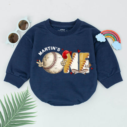 Personalized First Birthday Baseball Romper Rookie of the Year Baby Boy Outfit Gameday ONE Design Red Stitching Sweet Hearts