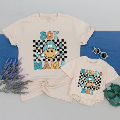 Retro Boy Mama and Son Matching Shirts with Groovy Smiley Face Teal Beanie Design, Perfect Mommy and Me Outfits for Mom of Boys, Fun Baby Shower Gift