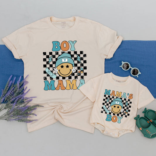 Retro Boy Mama and Son Matching Shirts with Groovy Smiley Face Teal Beanie Design, Perfect Mommy and Me Outfits for Mom of Boys, Fun Baby Shower Gift