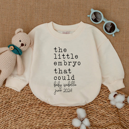 Personalized The Little Embryo That Could Romper a Modern IVF Baby Bodysuit with Your Baby's Name and Date Black Typography Newborn Gift Coming Home Outfit