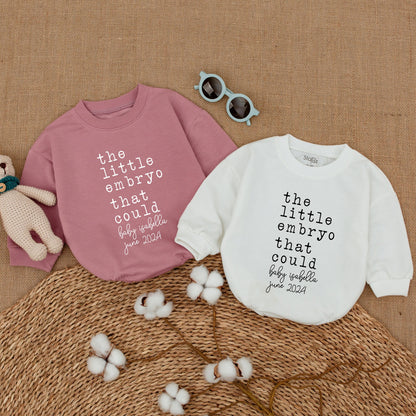 Personalized The Little Embryo That Could Romper a Modern IVF Baby Bodysuit with Your Baby's Name and Date Black Typography Newborn Gift Coming Home Outfit