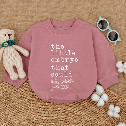 Personalized The Little Embryo That Could Romper a Modern IVF Baby Bodysuit with Your Baby's Name and Date Black Typography Newborn Gift Coming Home Outfit