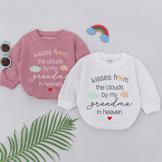 Kisses From The Clouds By My Grandma In Heaven Romper Sweet Sentimental Baby Outfit Newborn Gift Memorial Cloud Sun Heart Design Coming Home Bodysuit