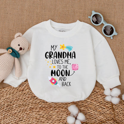 My Grandma Loves Me to the Moon & Back Baby Romper Bodysuit First Grandchild Pregnancy Reveal Gift Whimsical Celestial Stars Rocket Planet Design Soft Cotton Outfit.