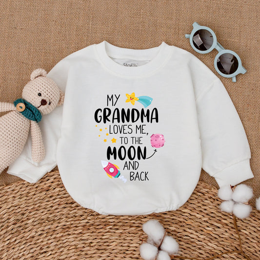 My Grandma Loves Me to the Moon & Back Baby Romper Bodysuit First Grandchild Pregnancy Reveal Gift Whimsical Celestial Stars Rocket Planet Design Soft Cotton Outfit.