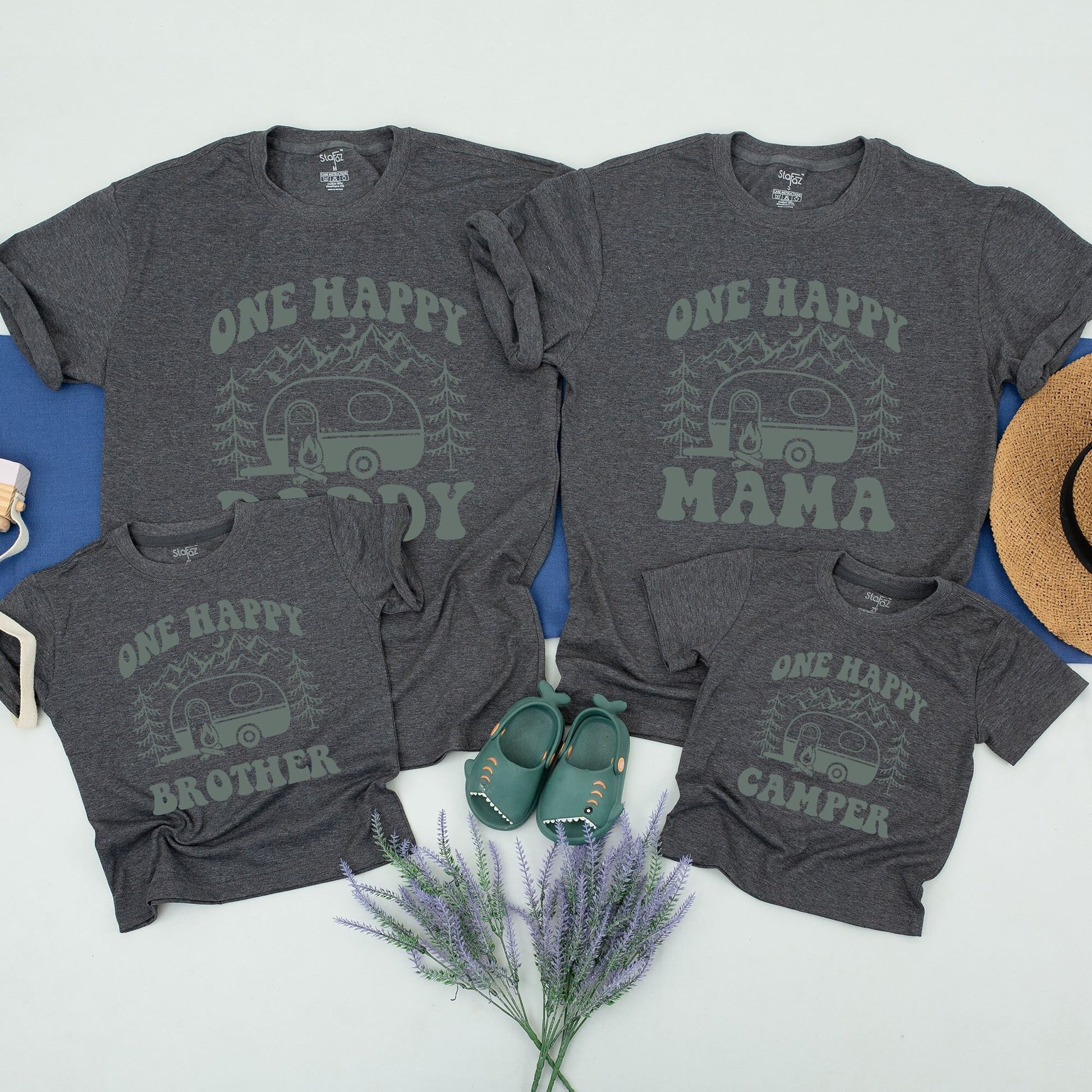 One Happy Camper First Birthday T-Shirt Matching Family Outfit for Toddler Boy Girl Muted Green Mountains Stars Cute Outdoorsy Camping Theme