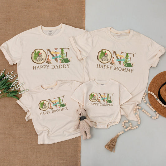 One Happy Camper First Birthday Shirt Outfit Baby Romper Matching Family Camping Adventure Tee Woodland Bear Tent Natural Design Comfortable Cotton