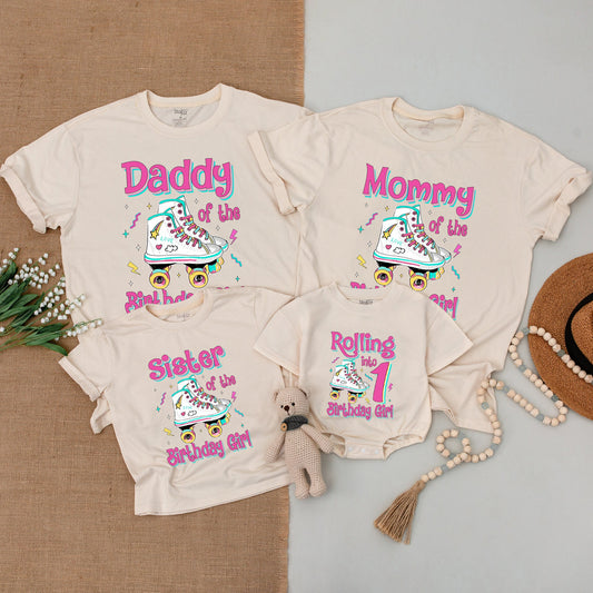 Personalized Rolling Into Birthday Girl Retro Roller Skate Family Matching Shirts Vibrant Pink Stars Hearts Baby Toddler Outfit