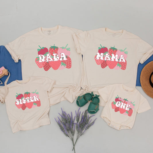Berry First Birthday Family Matching Shirts Cute Strawberry Pattern Outfit for Baby Girl Boy Mom Dad Sweet One Celebration Soft Cotton Tee