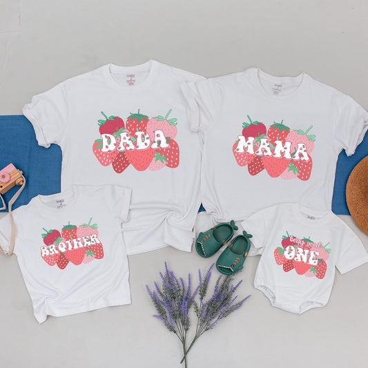 Berry First Birthday Family Matching Shirts Cute Strawberry Pattern Outfit for Baby Girl Boy Mom Dad Sweet One Celebration Soft Cotton Tee