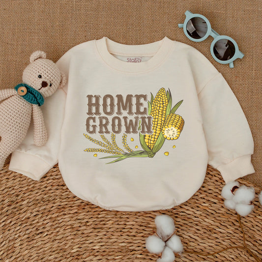 Home Grown Baby Bubble Romper Farm Themed Newborn Bodysuit with Vintage Corn Cobs and Wheat Graphic Perfect Pregnancy Announcement Baby Shower Gift