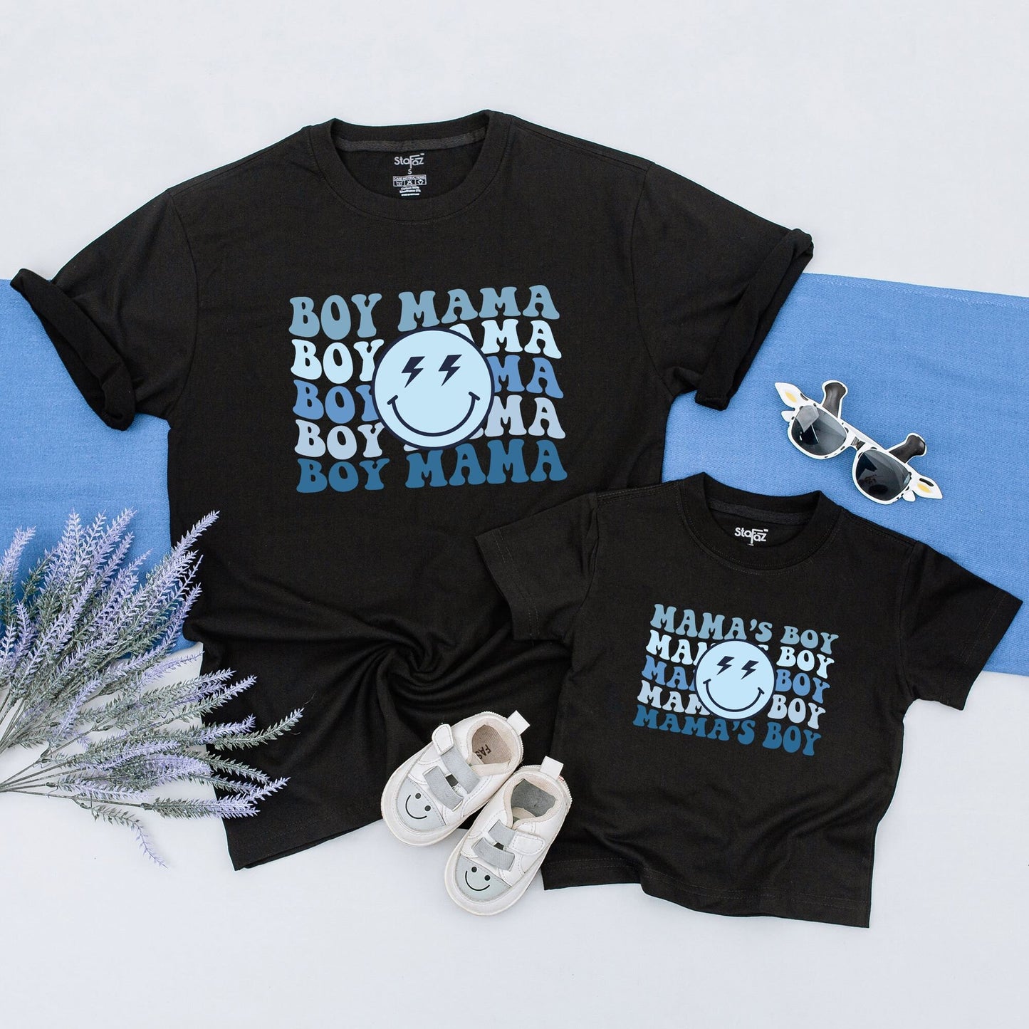 Retro Blue Mama's Boy Boy Mama Lightning Face Matching Mother Son Shirts Playful Vintage Style Outfit Cozy Cotton Baby Shower Gift