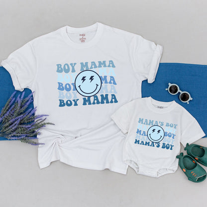 Retro Blue Mama's Boy Boy Mama Lightning Face Matching Mother Son Shirts Playful Vintage Style Outfit Cozy Cotton Baby Shower Gift