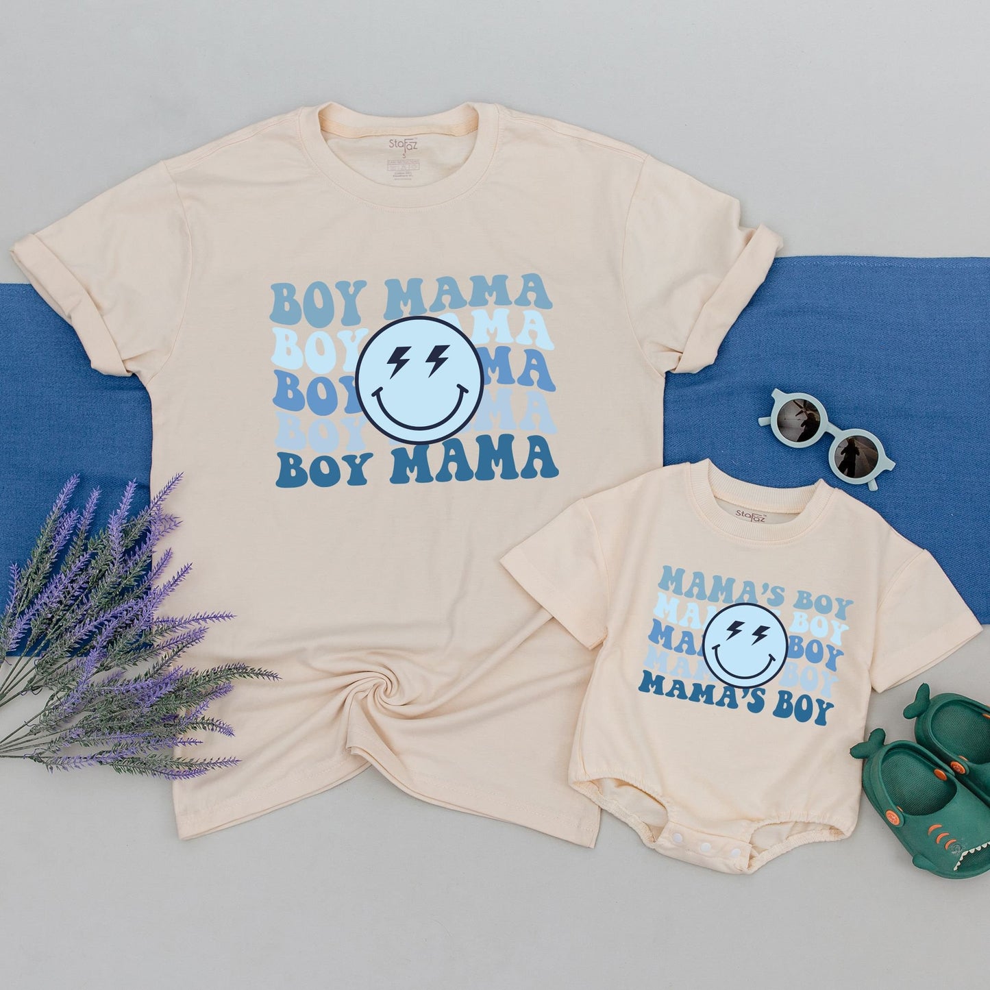 Retro Blue Mama's Boy Boy Mama Lightning Face Matching Mother Son Shirts Playful Vintage Style Outfit Cozy Cotton Baby Shower Gift