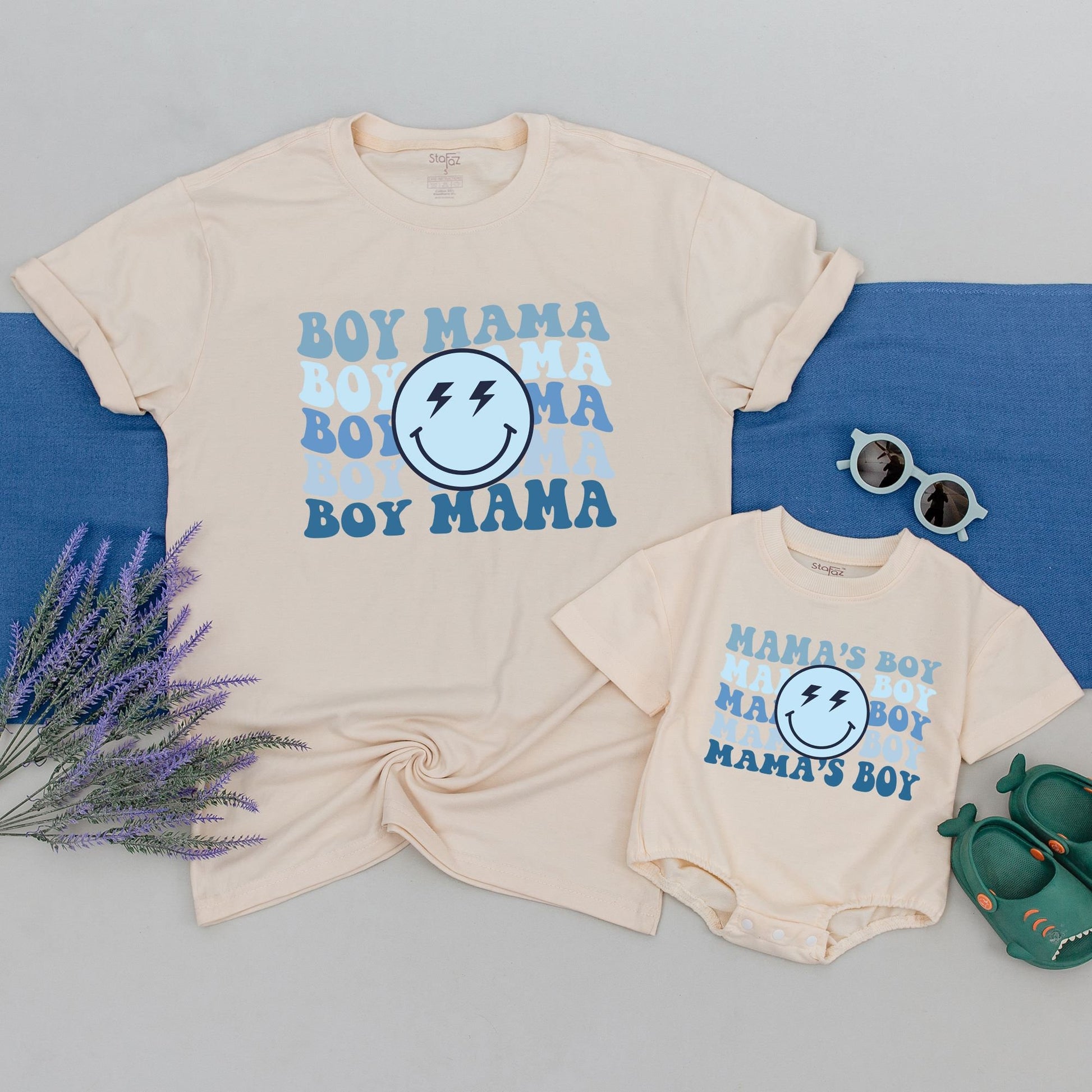 Retro Blue Mama's Boy Boy Mama Lightning Face Matching Mother Son Shirts Playful Vintage Style Outfit Cozy Cotton Baby Shower Gift