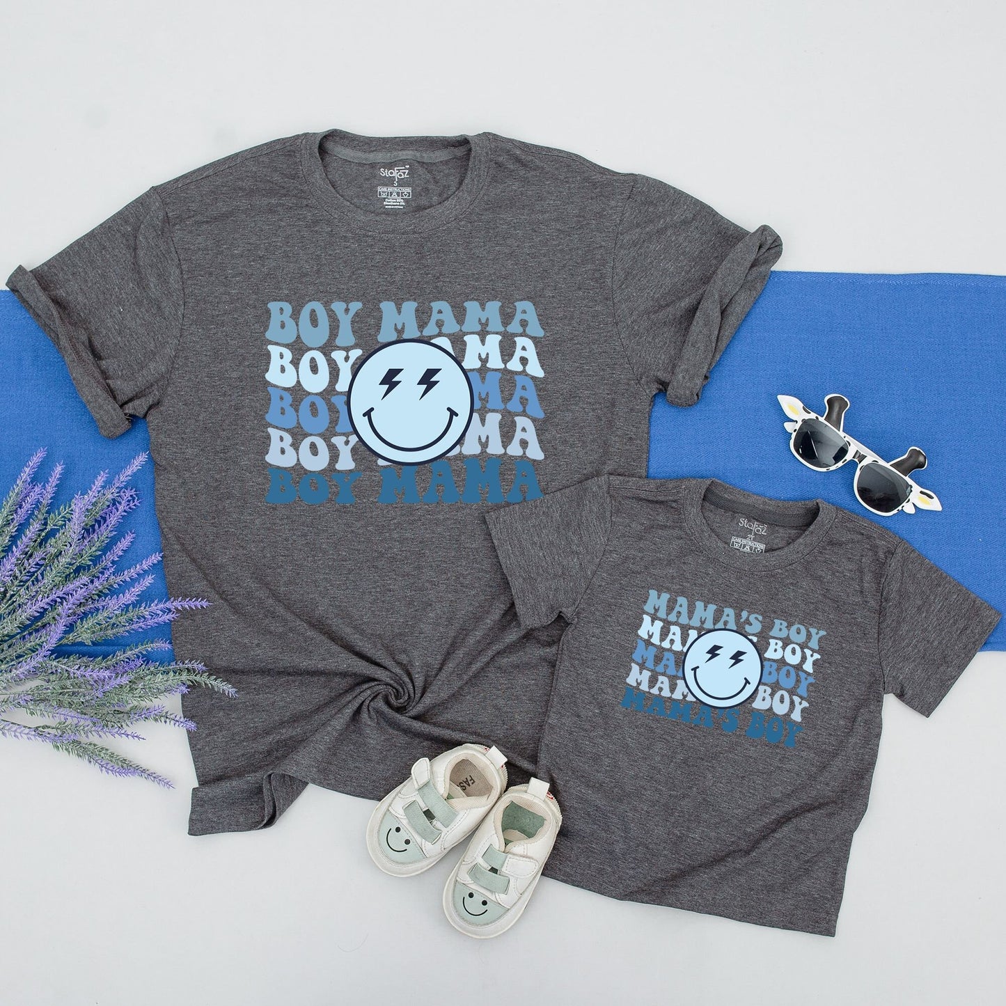Retro Blue Mama's Boy Boy Mama Lightning Face Matching Mother Son Shirts Playful Vintage Style Outfit Cozy Cotton Baby Shower Gift