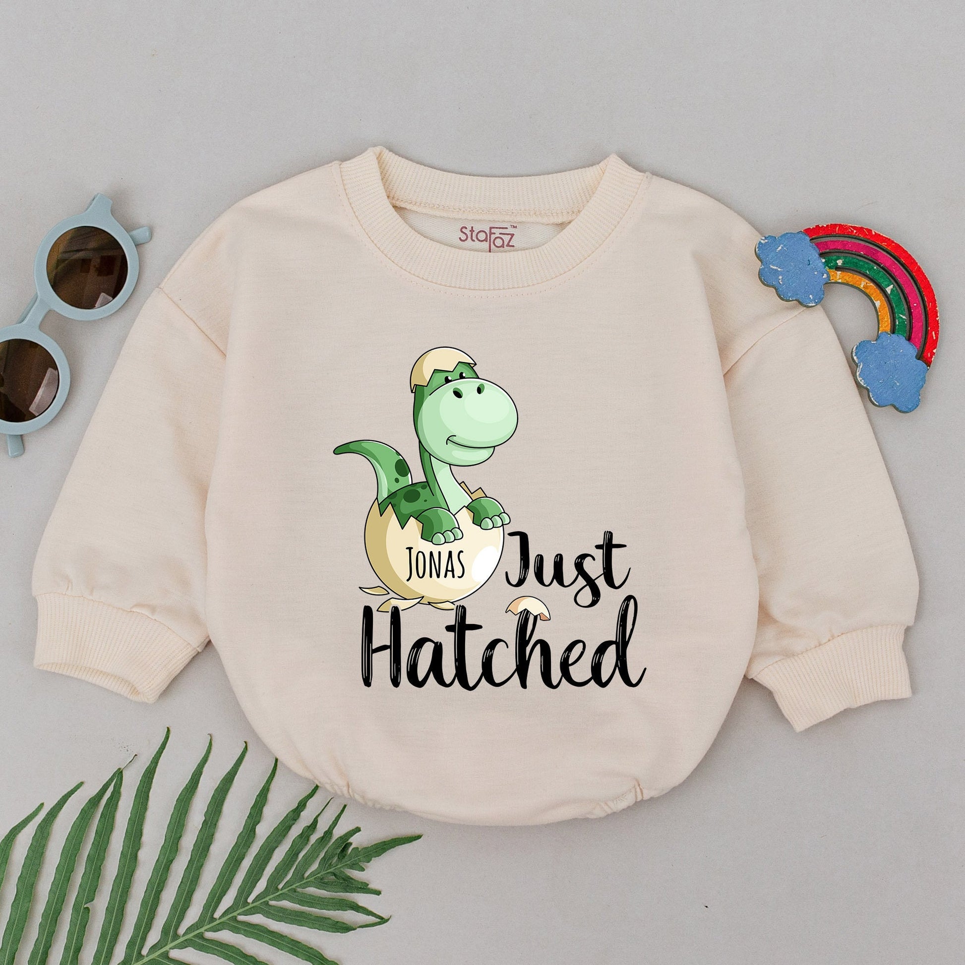 Personalized Just Hatched Dinosaur Baby Romper with Cute Green Egg Design, Adorable Newborn Bubble Bodysuit Shower Gift