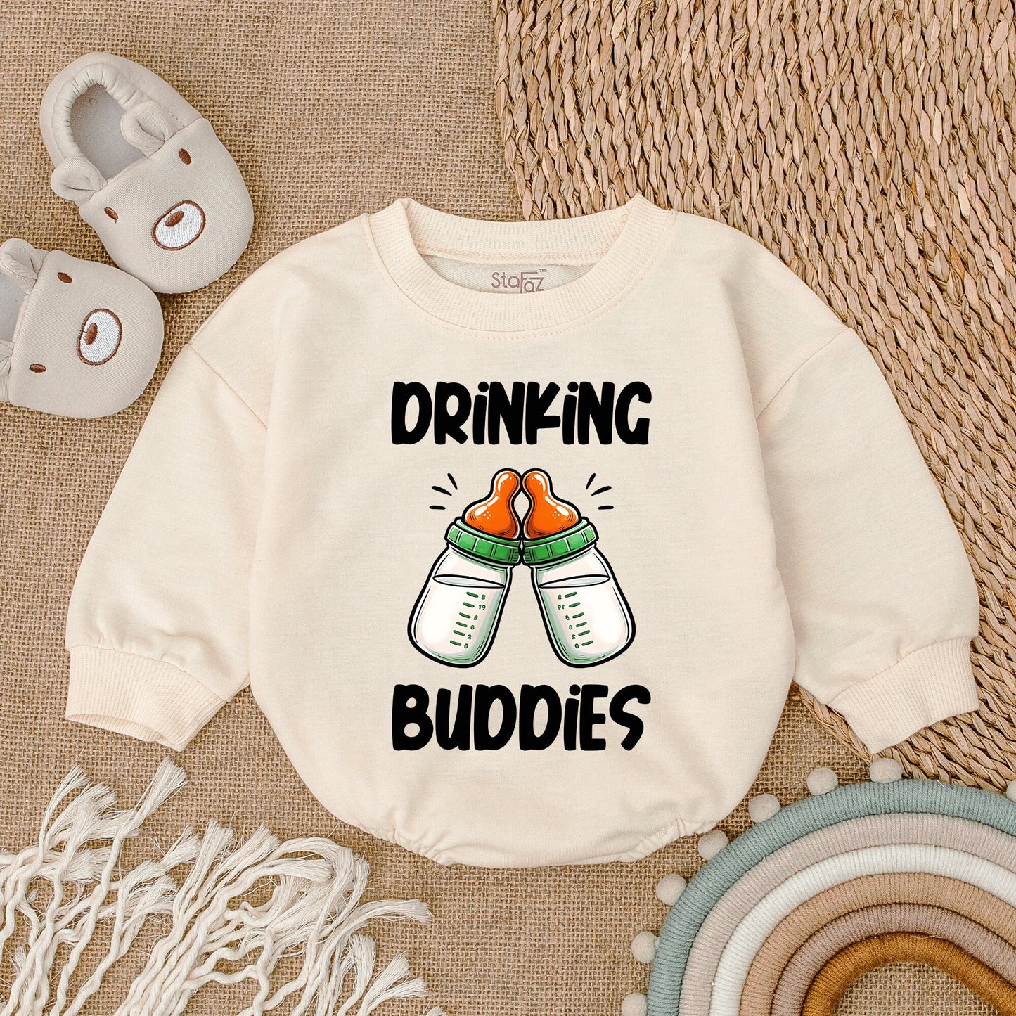 Cute Drinking Buddies Baby Romper Bodysuit with Clinking Bottles Design, Gender Neutral Baby Shower Gift for Twins, Soft Cotton Baby Girl Boy Outfit