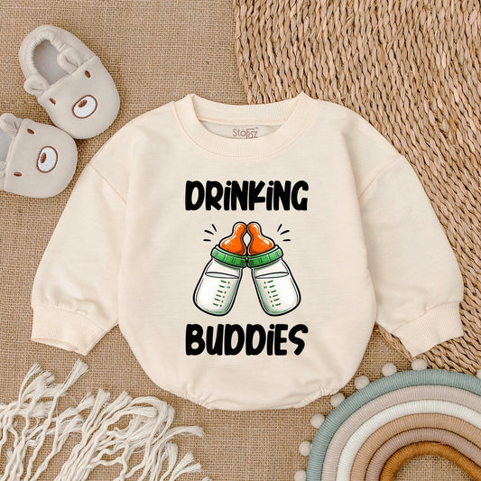 Cute Drinking Buddies Baby Romper Bodysuit with Clinking Bottles Design, Gender Neutral Baby Shower Gift for Twins, Soft Cotton Baby Girl Boy Outfit