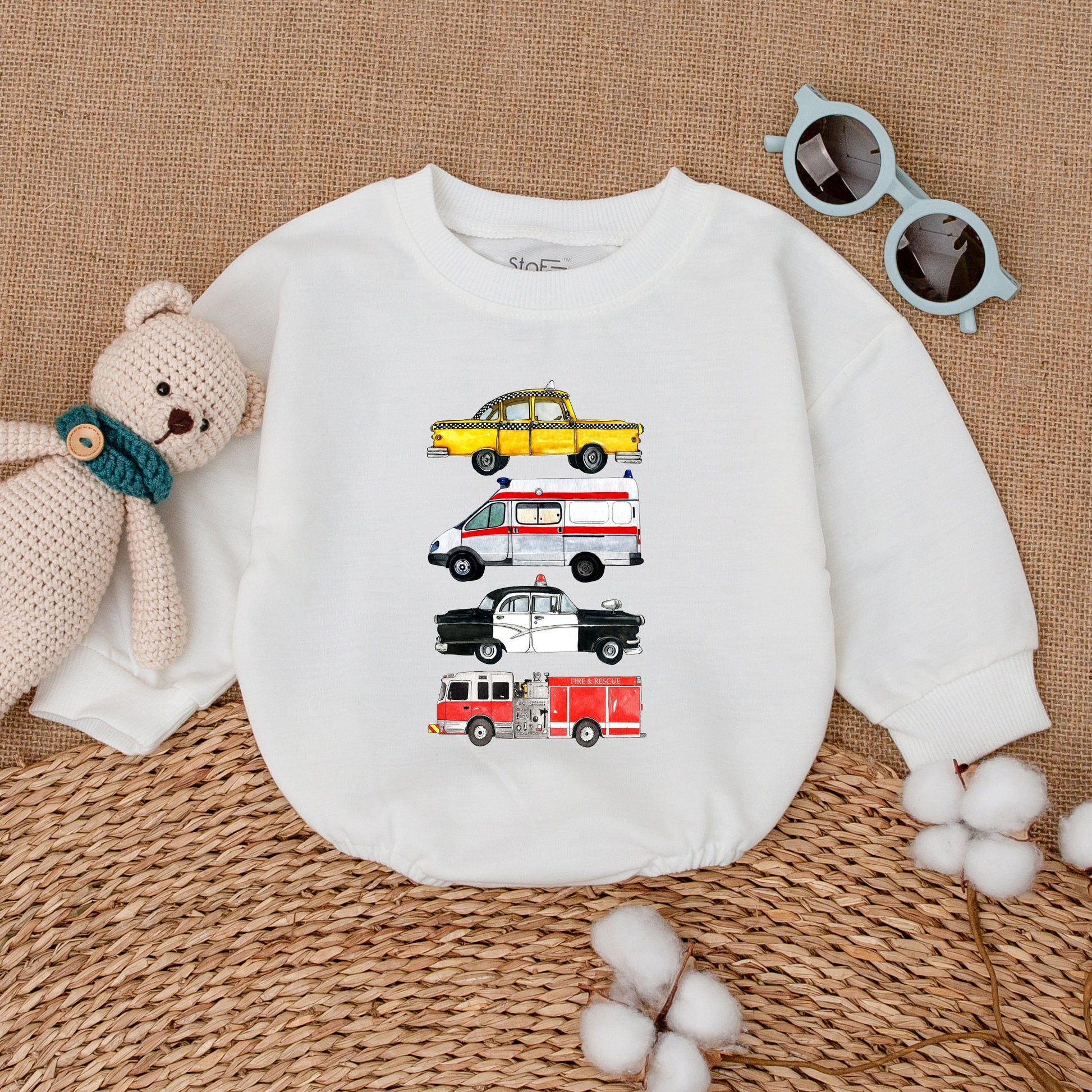 Newborn Baby Boy Romper Bodysuit with Emergency Rescue Vehicles Fire Truck Ambulance Police Design Comfortable Baby Shower Gift Coming Home Outfit