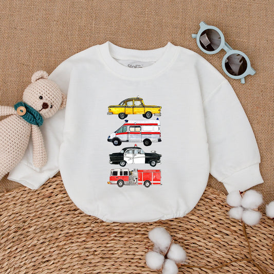 Newborn Baby Boy Romper Bodysuit with Emergency Rescue Vehicles Fire Truck Ambulance Police Design Comfortable Baby Shower Gift Coming Home Outfit