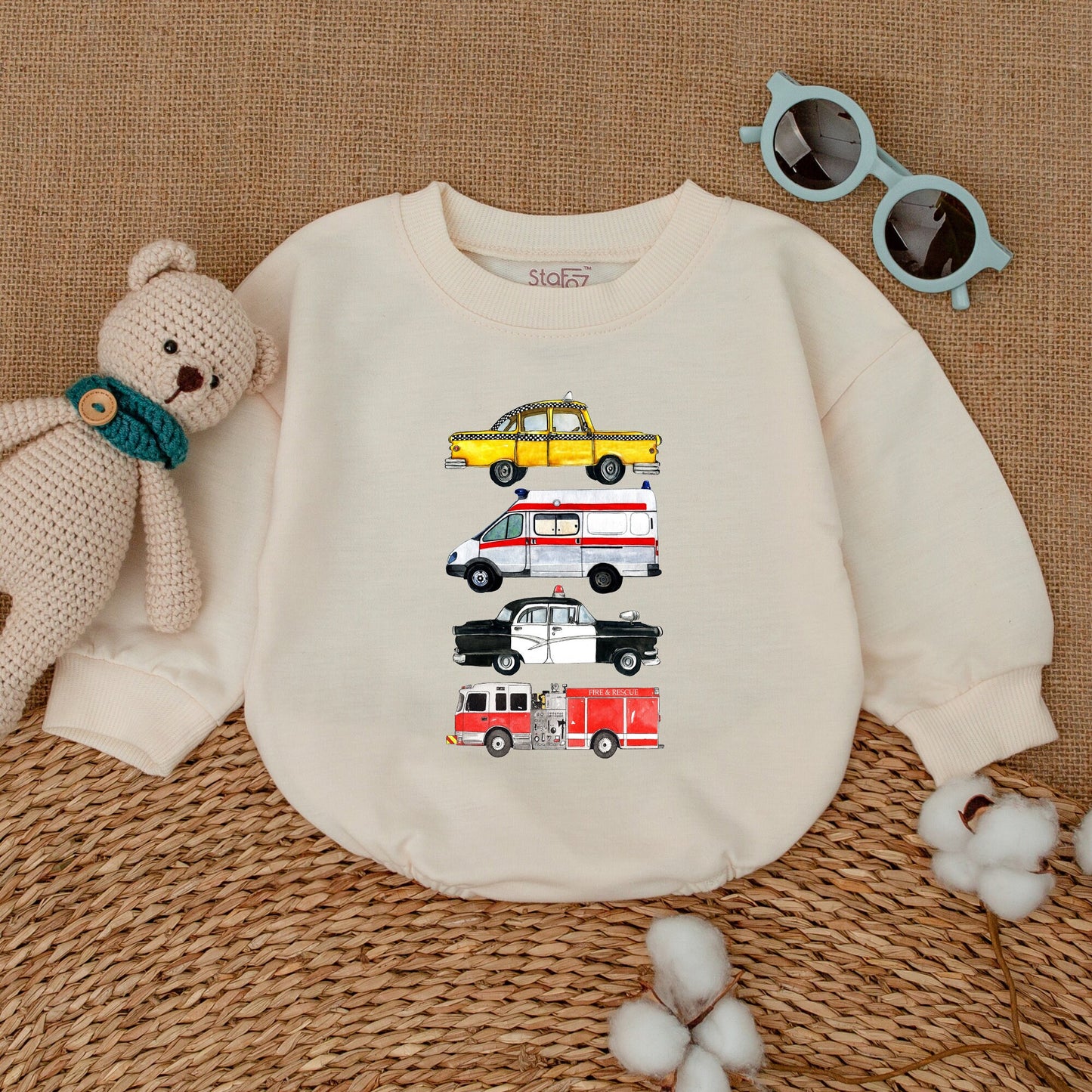 Newborn Baby Boy Romper Bodysuit with Emergency Rescue Vehicles Fire Truck Ambulance Police Design Comfortable Baby Shower Gift Coming Home Outfit