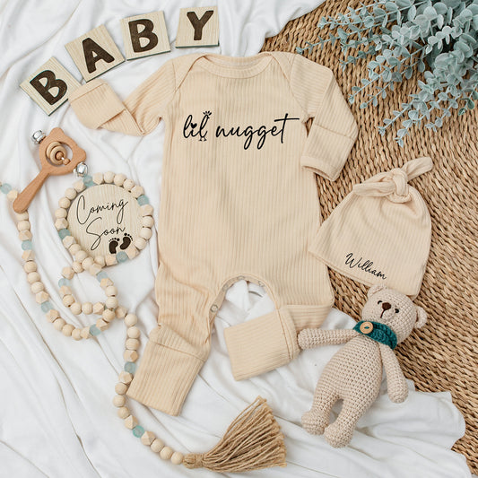 Personalized Lil Nugget Chicken Baby Bodysuit Hat Set Whimsical Handwritten Newborn Going Home Outfit Modern Minimalist Pregnancy Reveal Announcement Gift