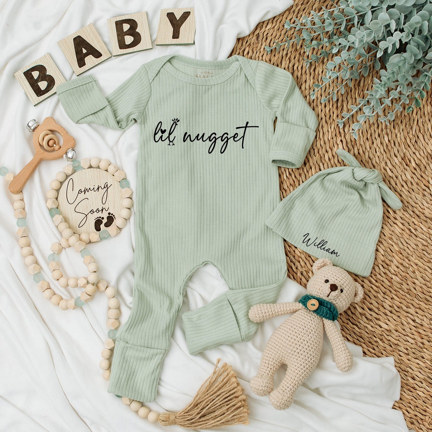 Personalized Lil Nugget Chicken Baby Bodysuit Hat Set Whimsical Handwritten Newborn Going Home Outfit Modern Minimalist Pregnancy Reveal Announcement Gift