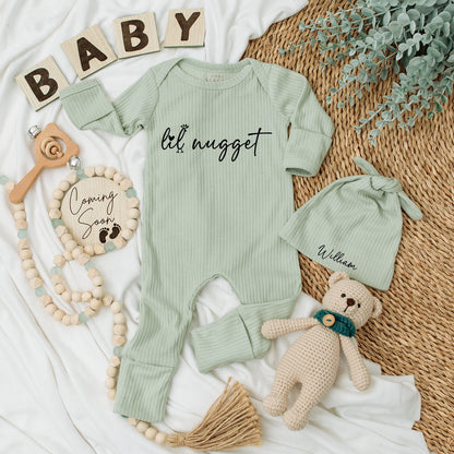 Personalized Lil Nugget Chicken Baby Bodysuit Hat Set Whimsical Handwritten Newborn Going Home Outfit Modern Minimalist Pregnancy Reveal Announcement Gift