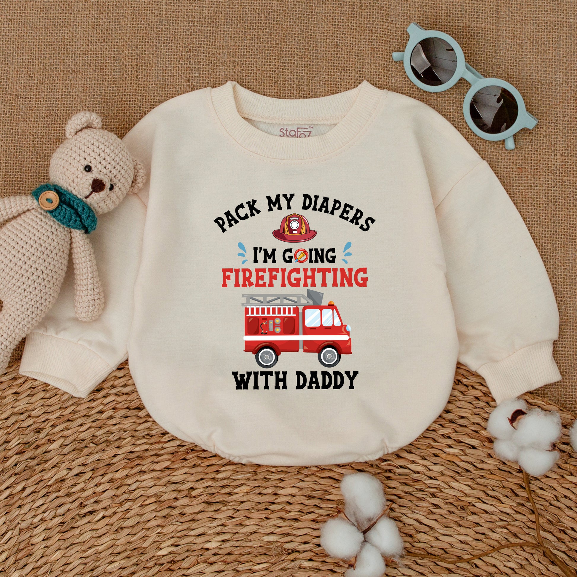 Pack My Diapers I'm Going Firefighting With Daddy Baby Boy Romper Bodysuit Funny Fireman Father's Day Gift Cute Red Fire Truck Design Soft Cotton Outfit