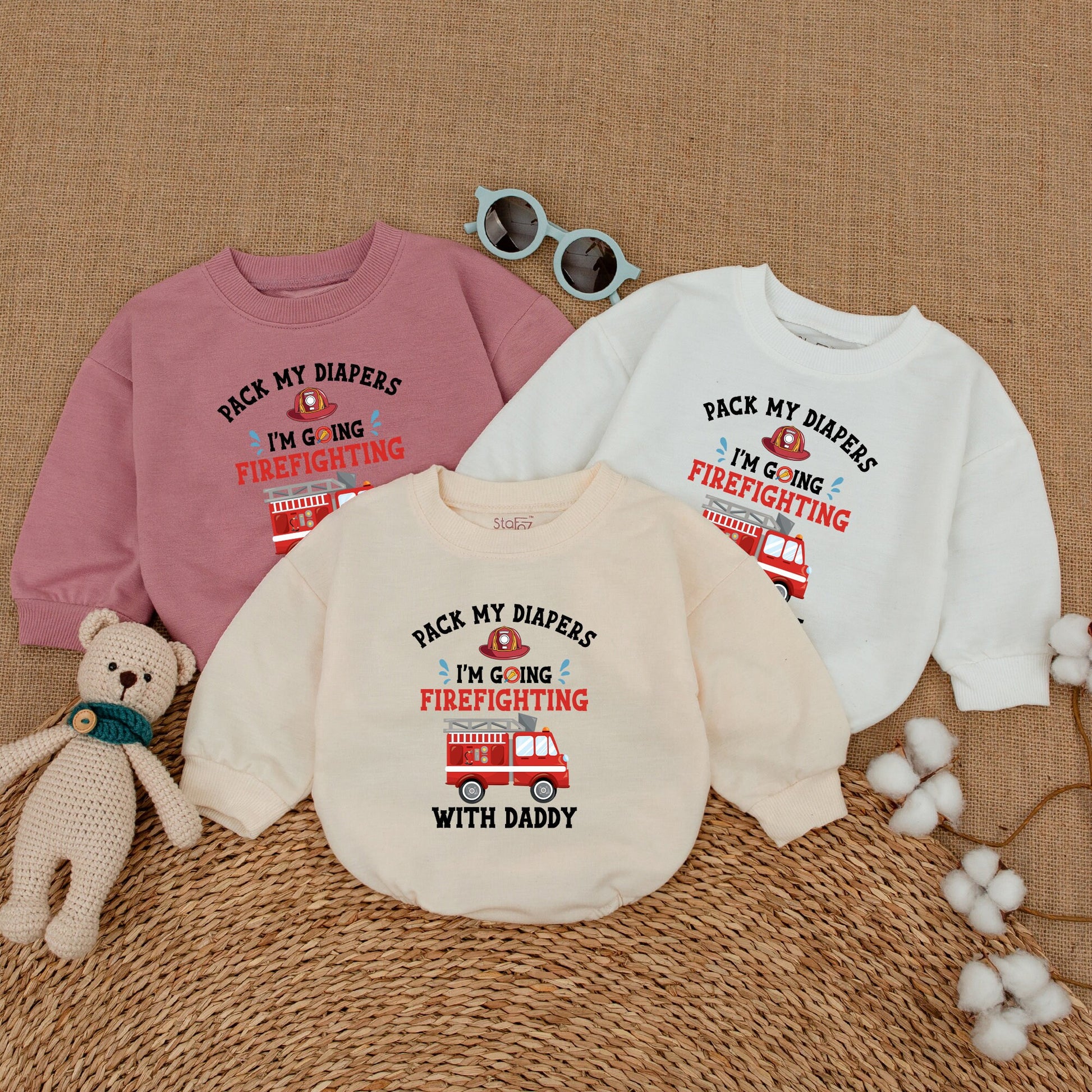 Pack My Diapers I'm Going Firefighting With Daddy Baby Boy Romper Bodysuit Funny Fireman Father's Day Gift Cute Red Fire Truck Design Soft Cotton Outfit