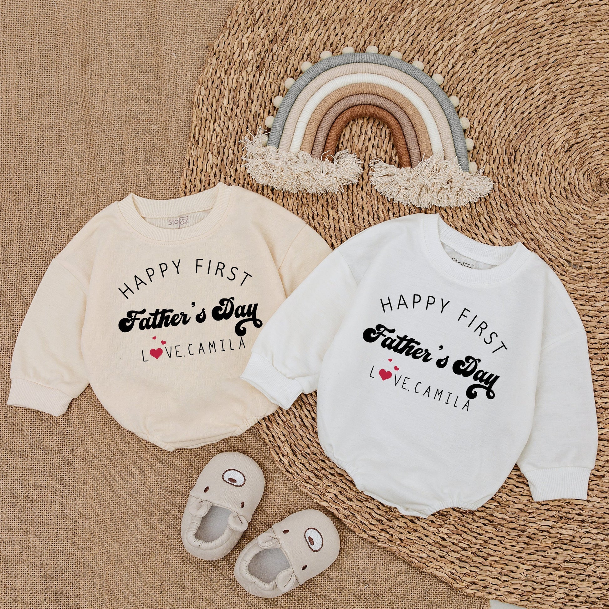 Personalized Happy First Father's Day Baby Romper Daddy and Me Natural Bodysuit Love Camila Heart Design Baby Girl Outfit Comfortable