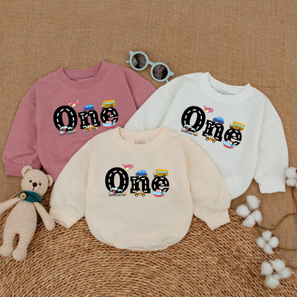 Personalized Colorful Transportation First Birthday Romper One Year Old Bubble Bodysuit Vehicles Trains Cars Planes Cake Smash Outfit Infant Boy Girl Party
